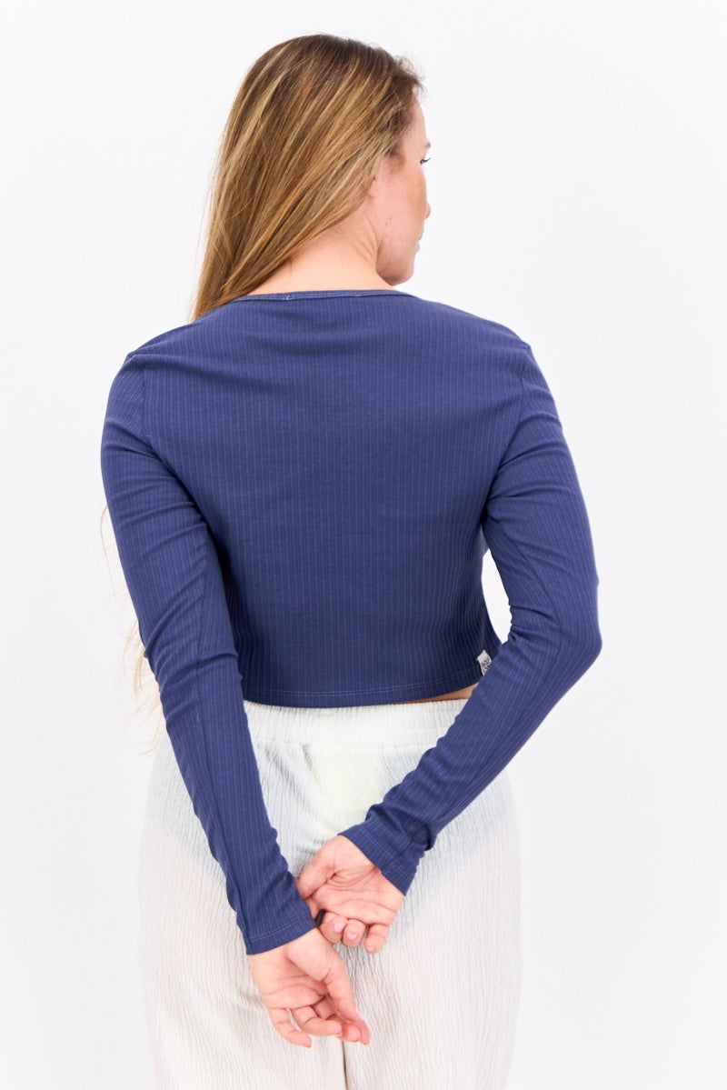 The Giving Movement Women Round Neck Textured Cardigan, Dusty Navy - Image 3