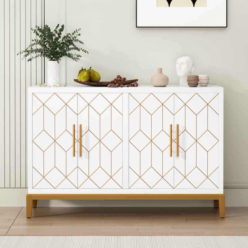 HLR Accent Cabinet with 4 Doors and Shelves Sideboard Buffet Cabinet with Gold Lines Modern Credenza Storage Decorative for Living Room Entryway Kitchen Dining Room White