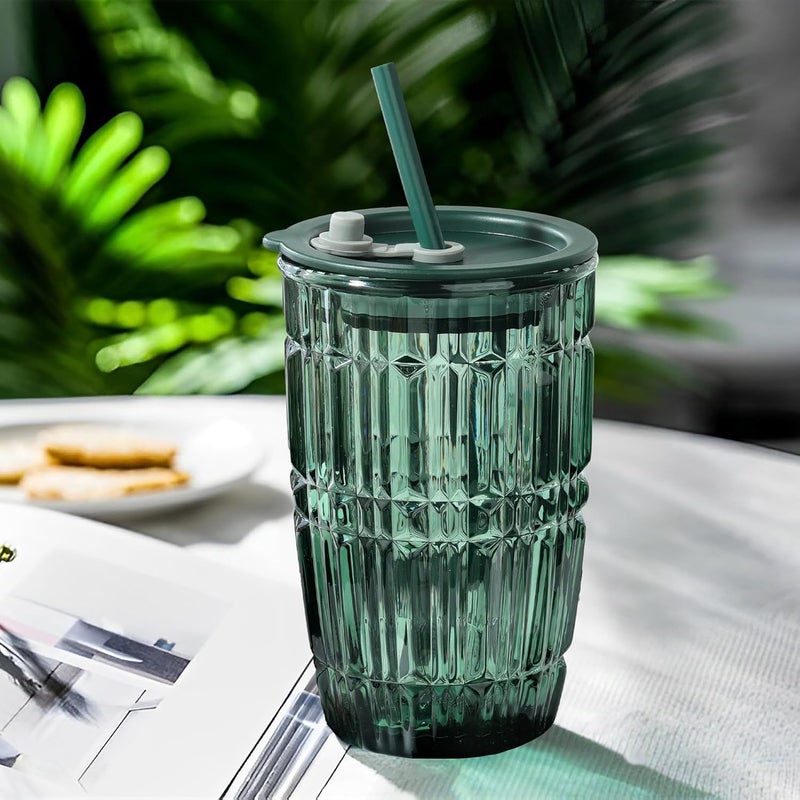 CLVJ 430ml Set of 2 Green Tumbler with Lid and StrawStriped Iced Coffee Glass CupsColored Smoothie Tea Drinking JarPortable Water Juice Beverages Soda GlassesDishwasher Safe Green 2 - Image 3
