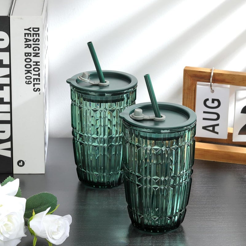CLVJ 430ml Set of 2 Green Tumbler with Lid and StrawStriped Iced Coffee Glass CupsColored Smoothie Tea Drinking JarPortable Water Juice Beverages Soda GlassesDishwasher Safe Green 2 - Image 2
