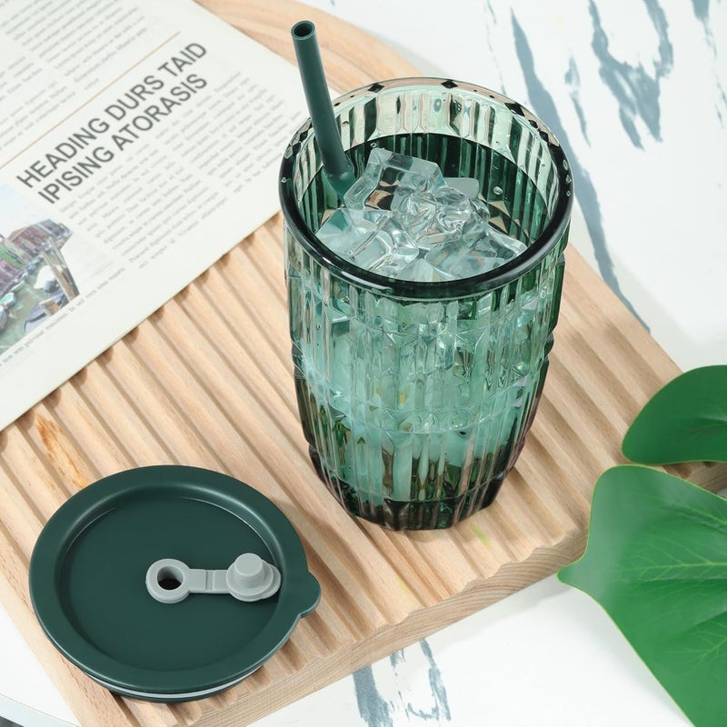 CLVJ 430ml Set of 2 Green Tumbler with Lid and StrawStriped Iced Coffee Glass CupsColored Smoothie Tea Drinking JarPortable Water Juice Beverages Soda GlassesDishwasher Safe Green 2 - Image 4