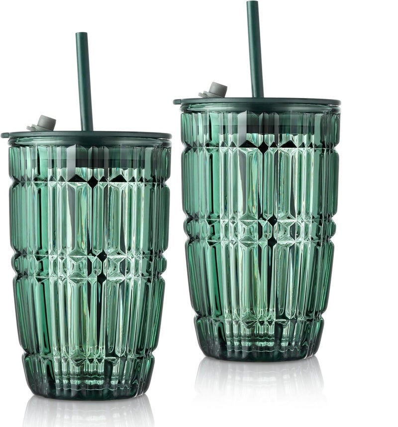 CLVJ 430ml Set of 2 Green Tumbler with Lid and StrawStriped Iced Coffee Glass CupsColored Smoothie Tea Drinking JarPortable Water Juice Beverages Soda GlassesDishwasher Safe Green 2 - Image 1