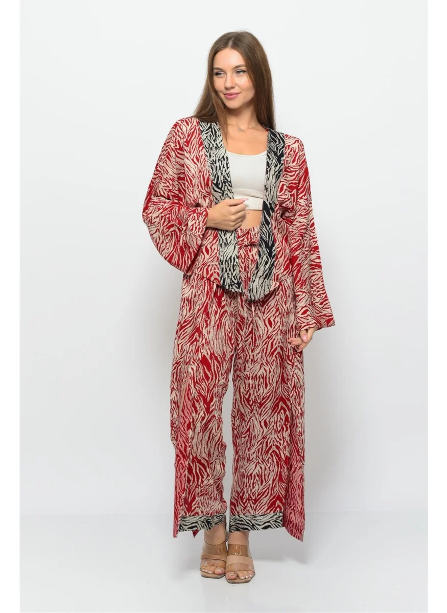 Nuseel Patterned Pareo Trousers & Crop Kimono Red Cream