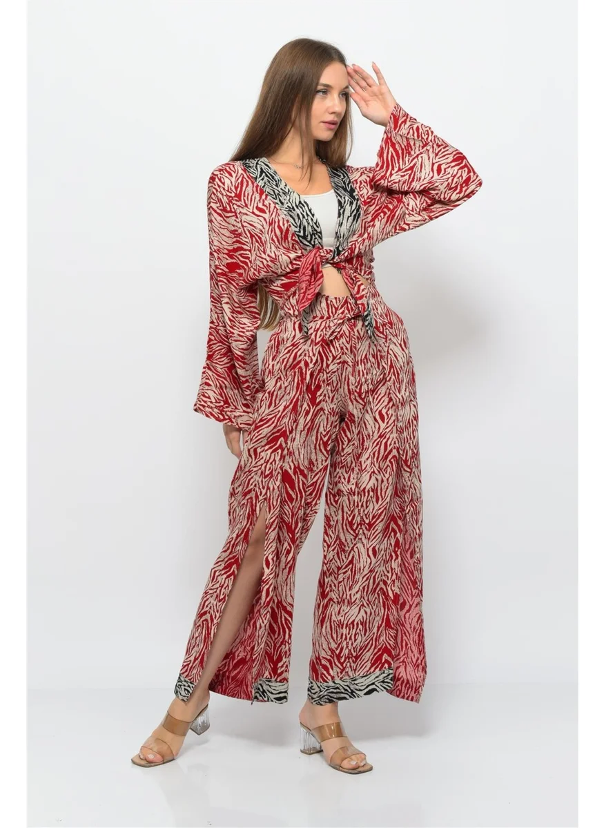 Nuseel Patterned Pareo Trousers & Crop Kimono Red Cream