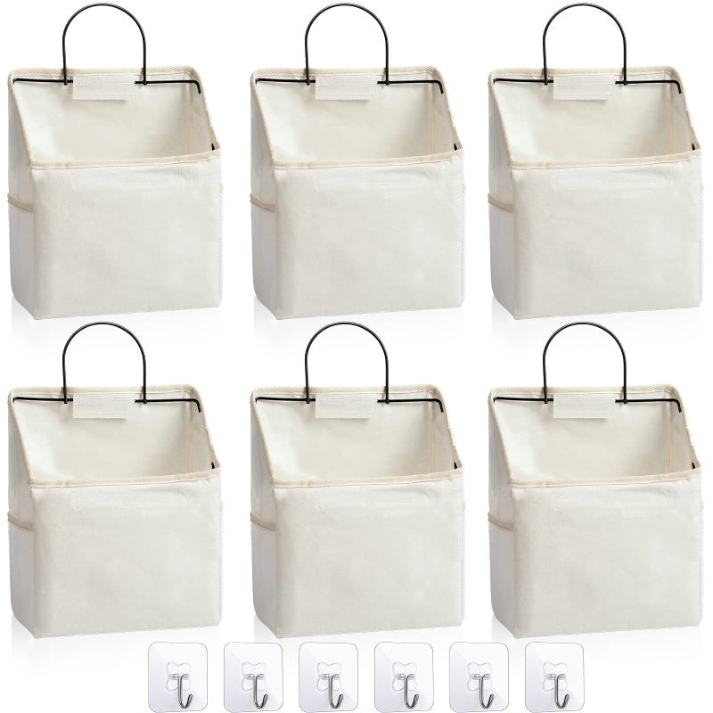 Chumia 6 Pack Wall Hanging Storage Basket Bathroom Closet Hanging Storage Bag over the Door Organizer Basket Bedroom Wall Organizer Waterproof Linen Cotton Box Containers and 10 HooksWhite - Image 2