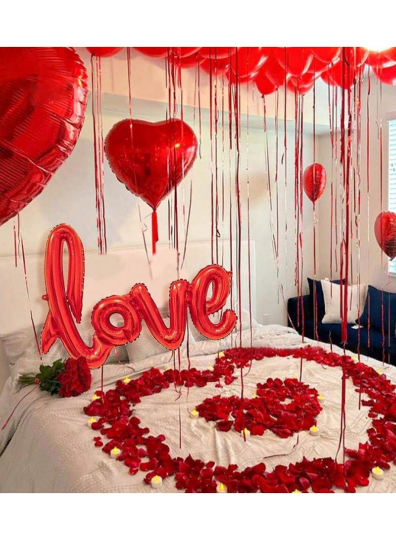 400pcs Silk Rose Petals & 6pcs Red Heart Shape Balloons & 1pc "Love" Pattern for Romantic Special Wedding Anniversary Party Decorations - Image 1