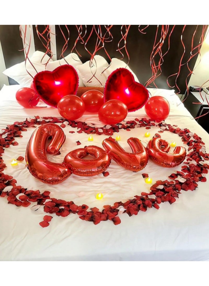 400pcs Silk Rose Petals & 6pcs Red Heart Shape Balloons & 1pc "Love" Pattern for Romantic Special Wedding Anniversary Party Decorations - Image 3