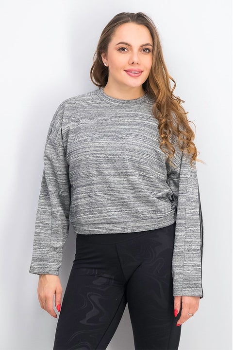 Women Long Sleeve Melange Cropped Sweatshirt, Black