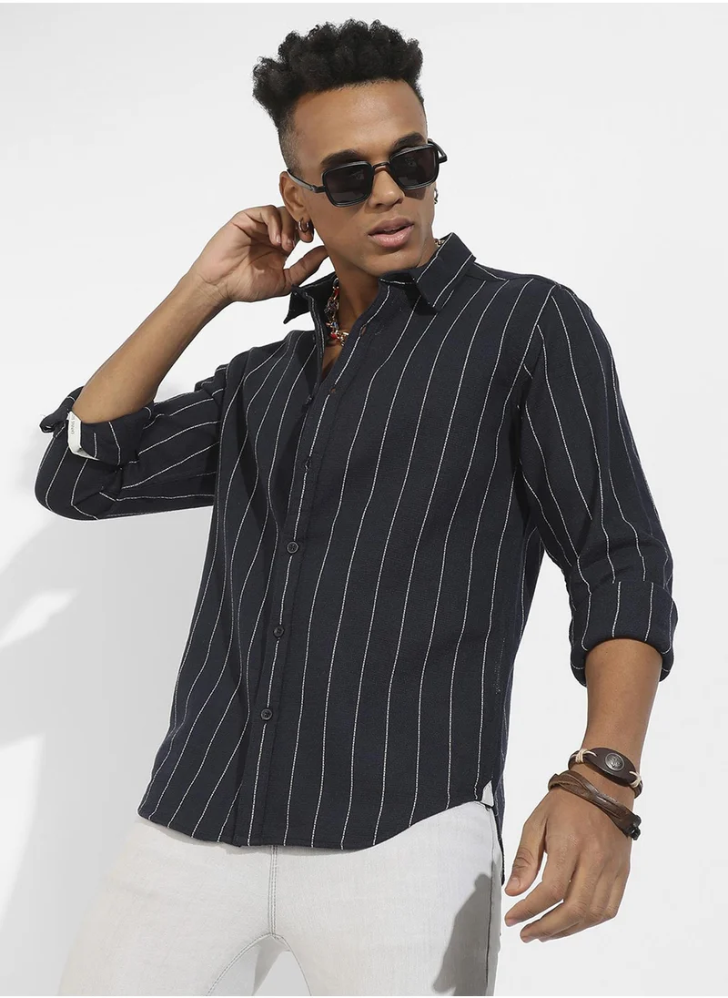 Campus Sutra Campus Sutra Men's Navy Blue Shadow Striped Shirt For Casual Wear | Spread Collar | Long Sleeve | Button Closure | Cotton Shirt Crafted With Comfort Fit For Everyday Wear