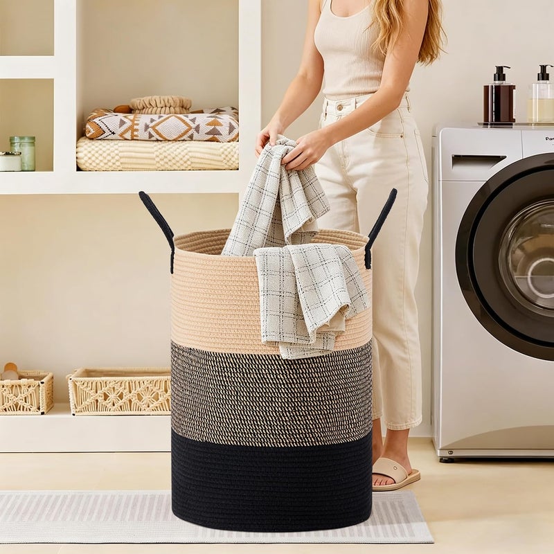 SunNewt Tall Laundry Basket with Handles, 58L Portable Dirty Clothes Hamper, Boho Cotton Rope Storage Bin for Blankets Kids Toys Gifts, Decorative Organizer for Nursery Bedroom Bathroom, Brown & Black - Image 4