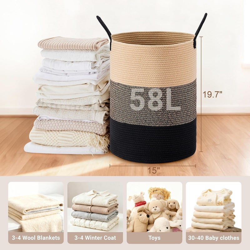 SunNewt Tall Laundry Basket with Handles, 58L Portable Dirty Clothes Hamper, Boho Cotton Rope Storage Bin for Blankets Kids Toys Gifts, Decorative Organizer for Nursery Bedroom Bathroom, Brown & Black - Image 2