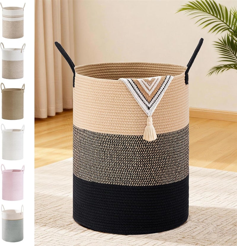 SunNewt Tall Laundry Basket with Handles, 58L Portable Dirty Clothes Hamper, Boho Cotton Rope Storage Bin for Blankets Kids Toys Gifts, Decorative Organizer for Nursery Bedroom Bathroom, Brown & Black - Image 1