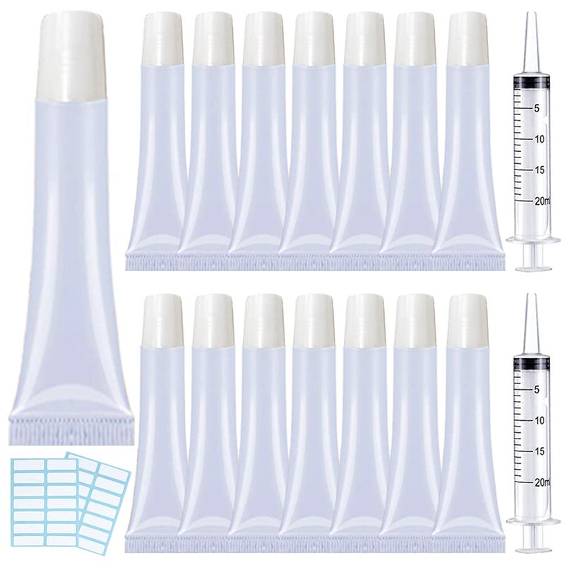 AMORIX 50PCS Lip Gloss Tubes 15ml White Lip Gloss Containers Empty Lip Balm Tubes Refillable Cosmetic Squeeze Lipgloss Tubes  2 x 20ml Syringes Tag Labels for DIY Lip Gloss Base Glitter