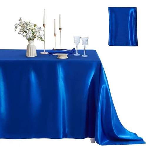 Counfeisly 1 Pack Satin Table Cover Rectangle Silkly Soft Table Cloth, Satin Dining Table Cloths for Wedding Banquet Table Decoration, Dining Room, Indoor and Outdoor Use, 60 x 84 Inches, Royal Blue - Image 1