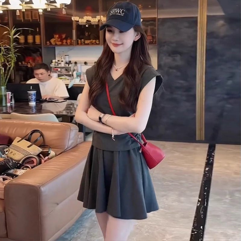 Women's Summer Casual V-Neck Top and Skirt Set - Image 1