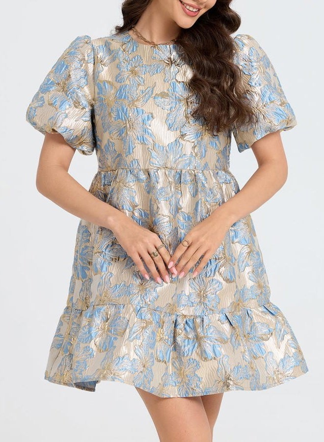Ladyful Women's Floral Jacquard Mini Dress Short Puff Sleeve Tiered Babydoll A-Line Dress Elegant Shiny Party Outfits, Blue, L - Image 5