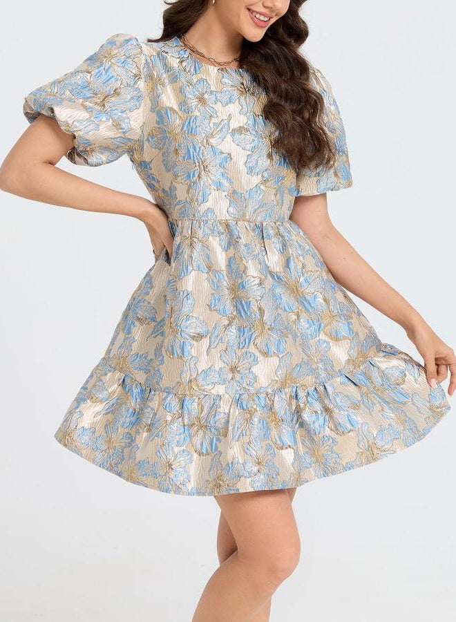 Ladyful Women's Floral Jacquard Mini Dress Short Puff Sleeve Tiered Babydoll A-Line Dress Elegant Shiny Party Outfits, Blue, L - Image 3