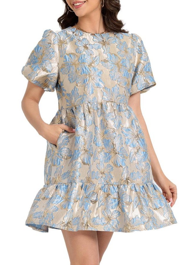 Ladyful Women's Floral Jacquard Mini Dress Short Puff Sleeve Tiered Babydoll A-Line Dress Elegant Shiny Party Outfits, Blue, L - Image 1