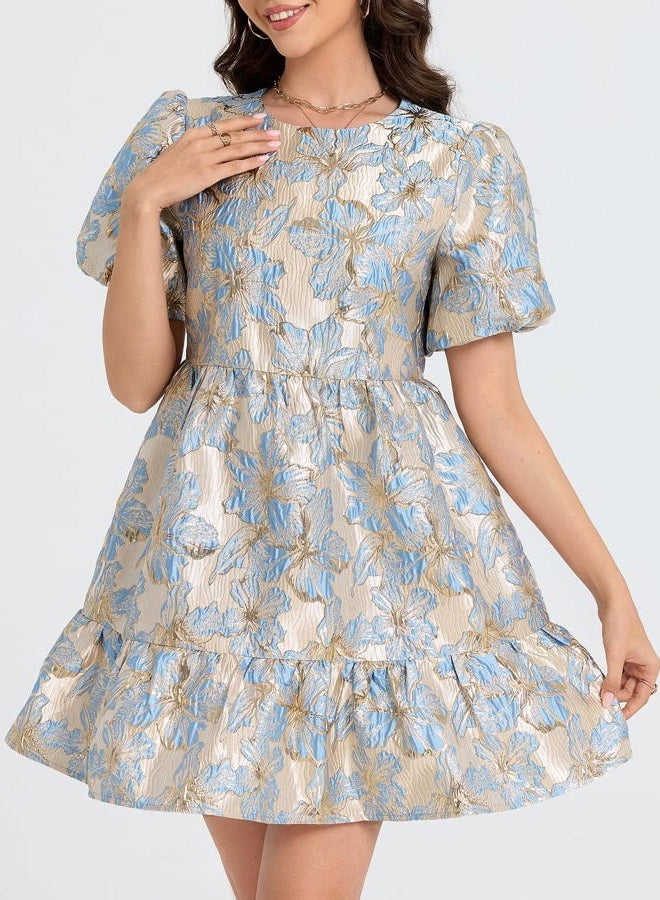 Ladyful Women's Floral Jacquard Mini Dress Short Puff Sleeve Tiered Babydoll A-Line Dress Elegant Shiny Party Outfits, Blue, L - Image 4