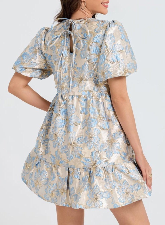 Ladyful Women's Floral Jacquard Mini Dress Short Puff Sleeve Tiered Babydoll A-Line Dress Elegant Shiny Party Outfits, Blue, L - Image 2