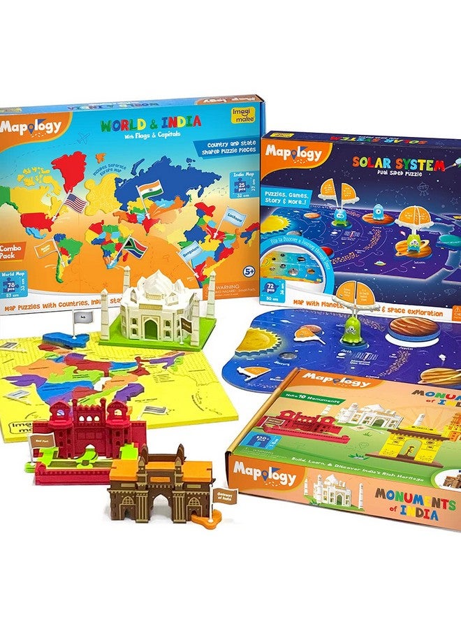 Imagimake Mapology Ultimate Combo: India & World Map Puzzle, Solar System Puzzle & Monument Of India Construstion Set - Educational Toy For Kids Above 5 Years - Image 1