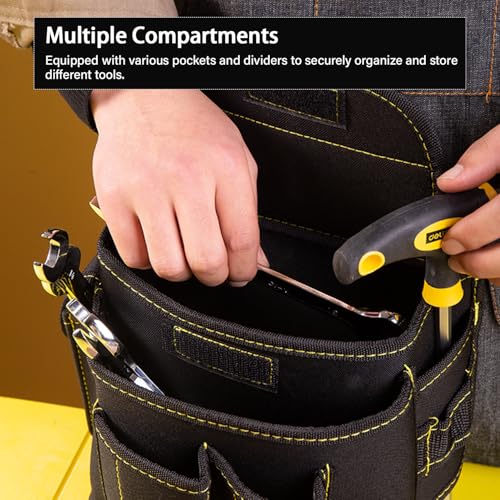 Deli DL5864 600x145x50mm Tool Belt Waist Canvas Tools Storage Bag with Pocket Compartment Pearl Cotton Hang Adjustable Densified Oxford Cloth Organizer Pouch for Electrician Technician (1Pc, Black) - Image 5