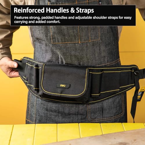 Deli DL5864 600x145x50mm Tool Belt Waist Canvas Tools Storage Bag with Pocket Compartment Pearl Cotton Hang Adjustable Densified Oxford Cloth Organizer Pouch for Electrician Technician (1Pc, Black) - Image 4