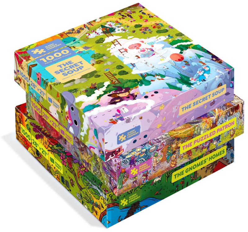 Magic Puzzle Company Magic Puzzles 3-Pack â€¢ Series Three â€¢ The Secret Soup, The Puzzled Patron, & The Gnomes' Homes â€¢ 1000 Piece Jigsaw Puzzles from The Magic Puzzle Company - Image 1