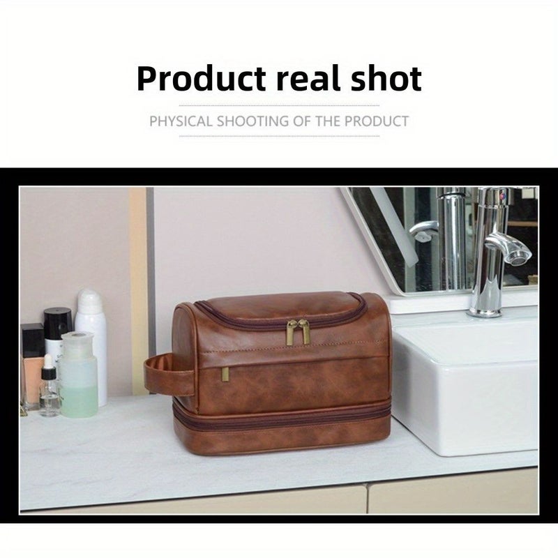 Brown Style 5 Personalized Mens Travel Toiletry Bag Waterproof Synthetic Leather Double Layer Shaving Kit Portable Mens Shaving Set - Image 2