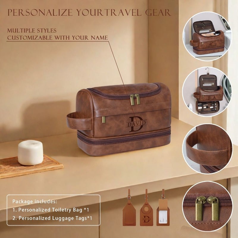 Brown Style 5 Personalized Mens Travel Toiletry Bag Waterproof Synthetic Leather Double Layer Shaving Kit Portable Mens Shaving Set - Image 4