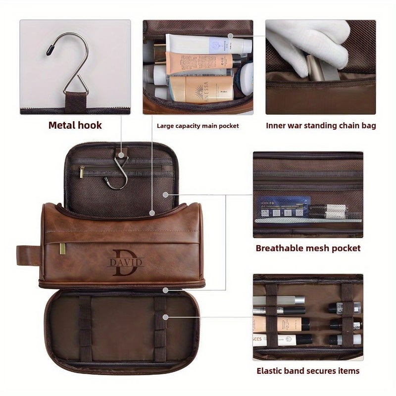 Brown Style 5 Personalized Mens Travel Toiletry Bag Waterproof Synthetic Leather Double Layer Shaving Kit Portable Mens Shaving Set - Image 3