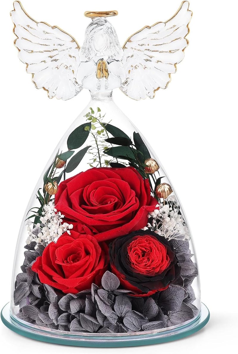 FIACO Gifts for Women Preserved Rose Forever Flower in Glass Angel Figurine Fresh Flowers for Delivery Mothers Day Birthday Gifts for Mom Grandma Wife Sister Red - Image 1