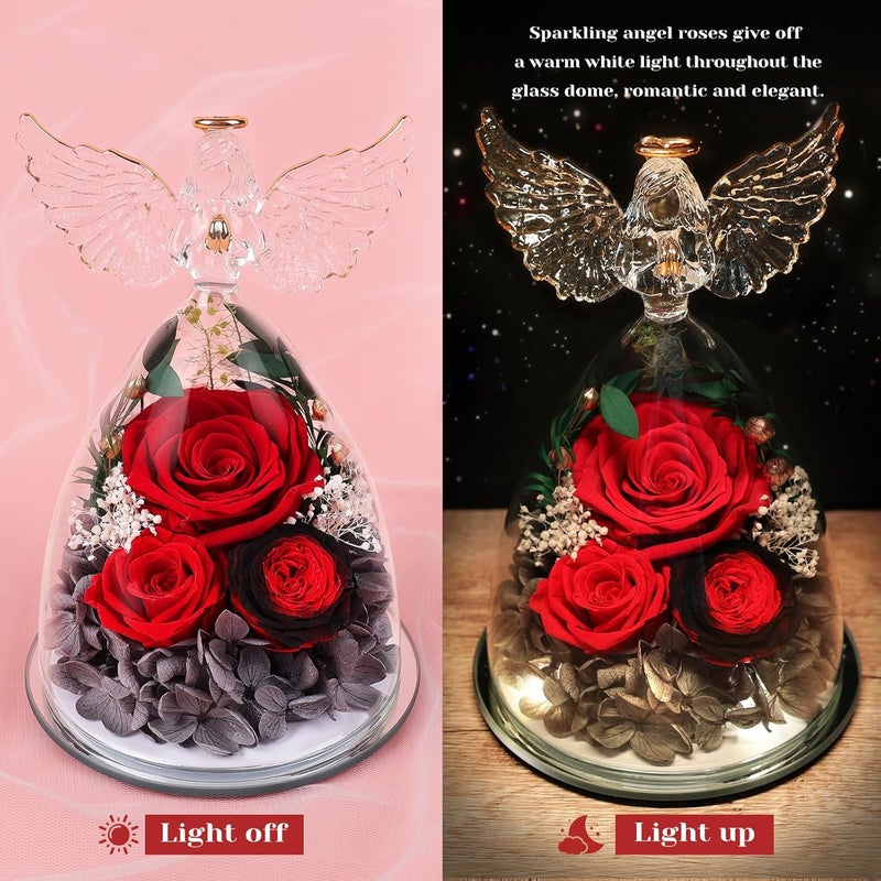 FIACO Gifts for Women Preserved Rose Forever Flower in Glass Angel Figurine Fresh Flowers for Delivery Mothers Day Birthday Gifts for Mom Grandma Wife Sister Red - Image 3
