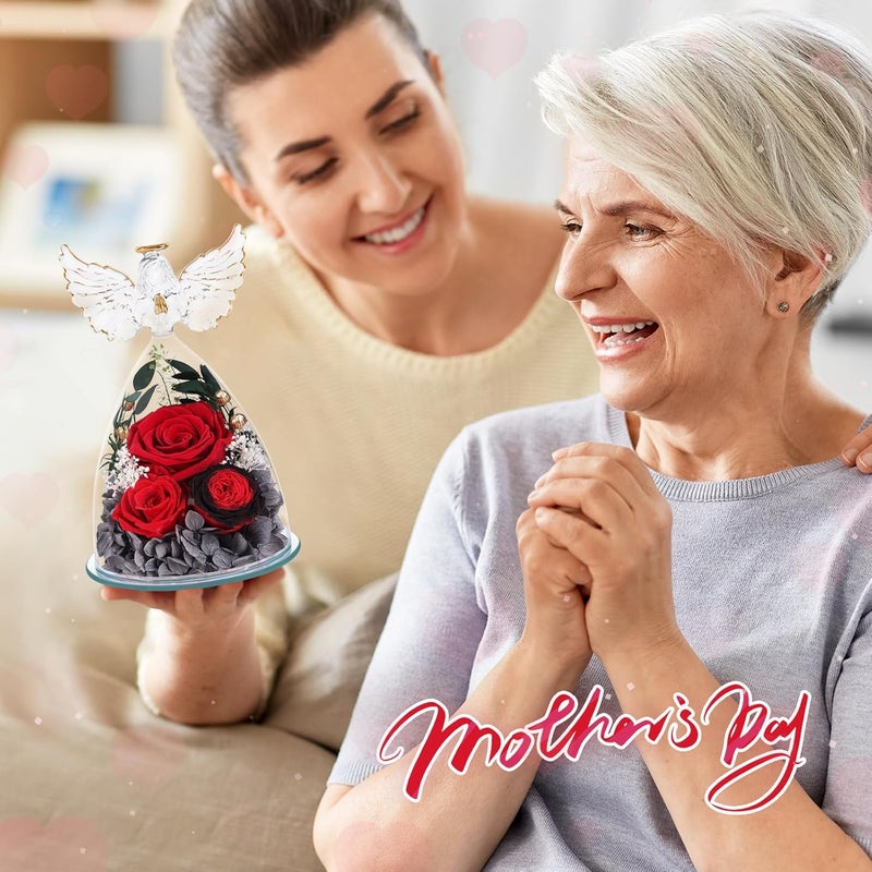 FIACO Gifts for Women Preserved Rose Forever Flower in Glass Angel Figurine Fresh Flowers for Delivery Mothers Day Birthday Gifts for Mom Grandma Wife Sister Red - Image 5