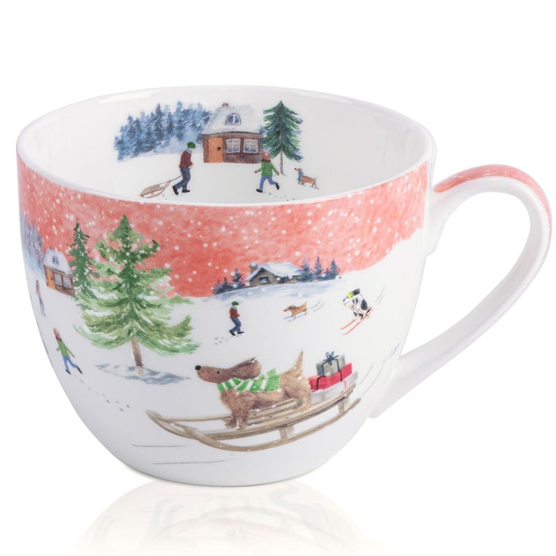 MFoffice Sled Dog Coffee Mug - 20 oz Bone China Coffee Tea Hug Mug with Pink Winter Sky & Snow Trees, Great to Gift Friends & Family for the Holidays or Birthdays - Designed in England by Harvest Green Studio - Image 1