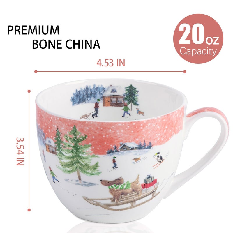 MFoffice Sled Dog Coffee Mug - 20 oz Bone China Coffee Tea Hug Mug with Pink Winter Sky & Snow Trees, Great to Gift Friends & Family for the Holidays or Birthdays - Designed in England by Harvest Green Studio - Image 2