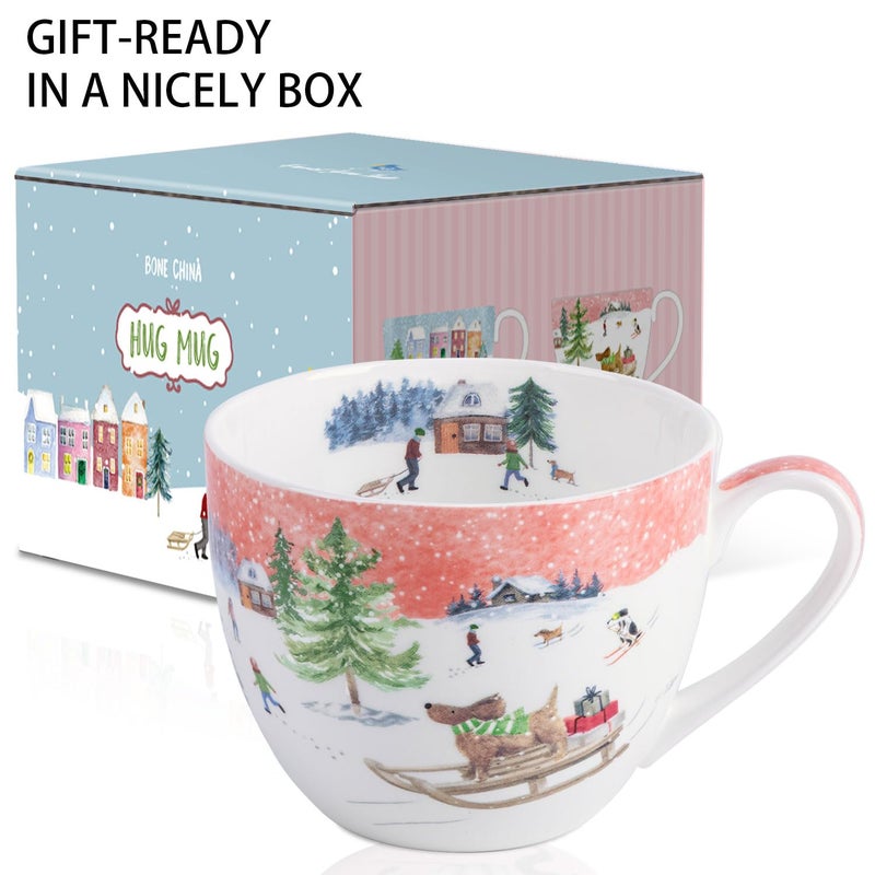 MFoffice Sled Dog Coffee Mug - 20 oz Bone China Coffee Tea Hug Mug with Pink Winter Sky & Snow Trees, Great to Gift Friends & Family for the Holidays or Birthdays - Designed in England by Harvest Green Studio - Image 3