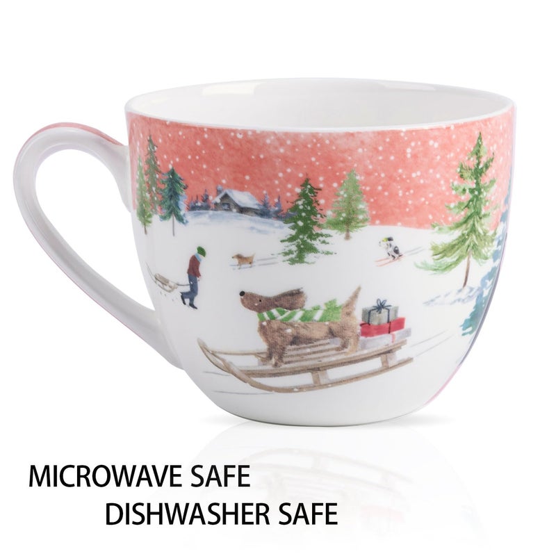 MFoffice Sled Dog Coffee Mug - 20 oz Bone China Coffee Tea Hug Mug with Pink Winter Sky & Snow Trees, Great to Gift Friends & Family for the Holidays or Birthdays - Designed in England by Harvest Green Studio - Image 4