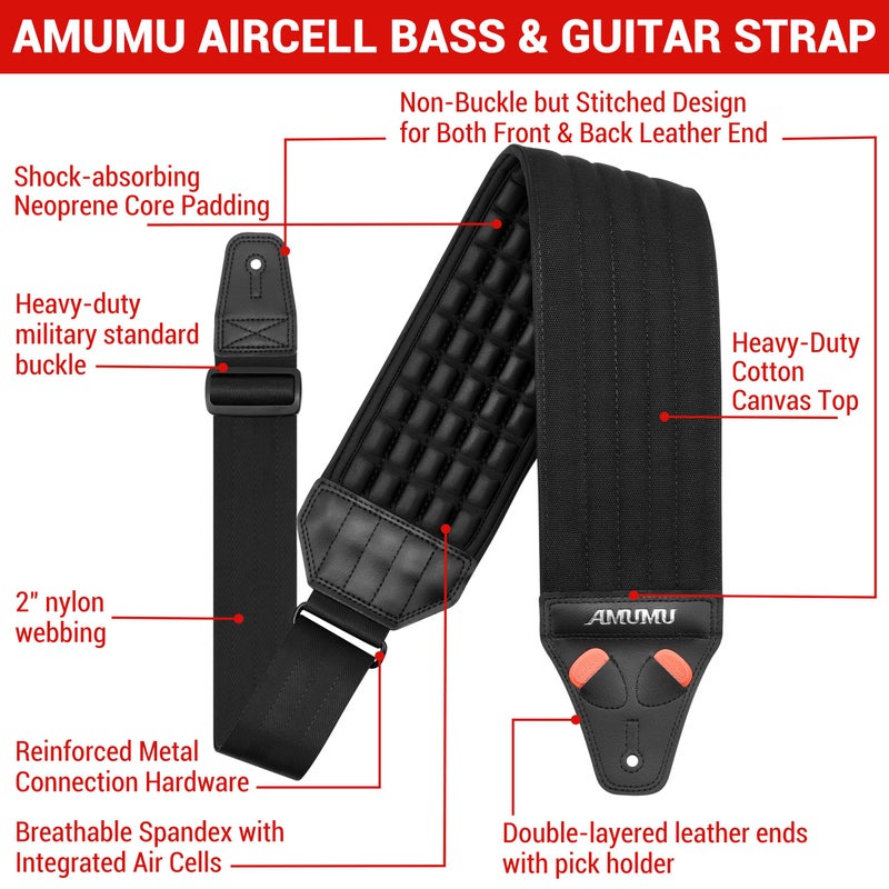 Amumu حزام أمومو AIRCELL للبيس والجيتار 4" عريض للغاية - 0.7" سمك - وسائد هوائية ثلاثية الأبعاد قابلة للتنفس - حشوة نيونبرين - قماش قطن علوي - طول قابل للتعديل 44"-55" (قياسي) - Image 2