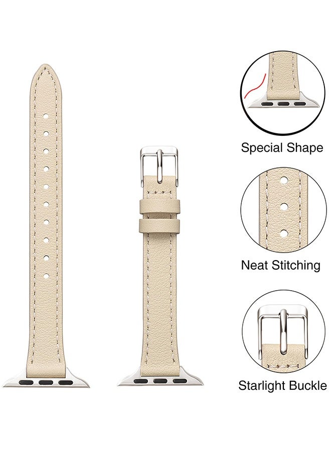 Slim Leather Bands Compatible with Apple Watch Band 38mm 40mm 41mm 42mm Series 11 10 Top Grain Leather Watch Thin Wristband for iWatch SE 9 8 7 6 5 4 3 2 1 for Daily Wear Business Formal Events Casual Outings,Beige Silver - Image 2