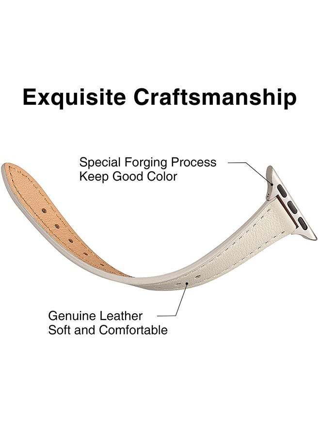 Slim Leather Bands Compatible with Apple Watch Band 38mm 40mm 41mm 42mm Series 11 10 Top Grain Leather Watch Thin Wristband for iWatch SE 9 8 7 6 5 4 3 2 1 for Daily Wear Business Formal Events Casual Outings,Beige Silver - Image 3