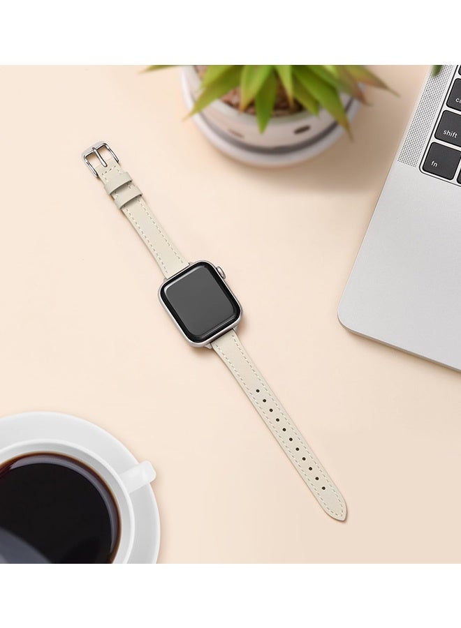 Slim Leather Bands Compatible with Apple Watch Band 38mm 40mm 41mm 42mm Series 11 10 Top Grain Leather Watch Thin Wristband for iWatch SE 9 8 7 6 5 4 3 2 1 for Daily Wear Business Formal Events Casual Outings,Beige Silver - Image 4