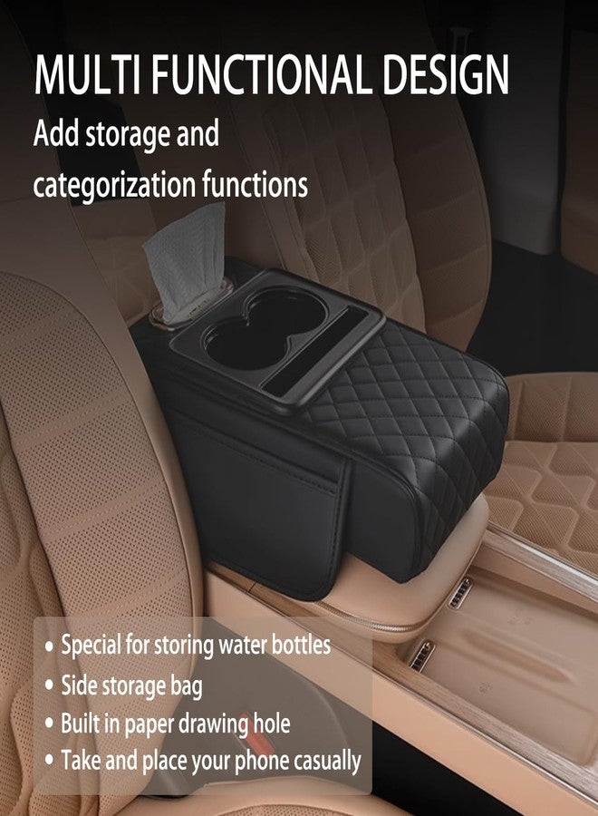 HZEL Car Center Console Cover, Leather Vehicle Armrest Cushion with Storage Bags, Cup Holder ＆ Tissue Box, Waterproof Auto Interior Arm Rest Seat Box Pad, Universal Fit (Black) - Image 3