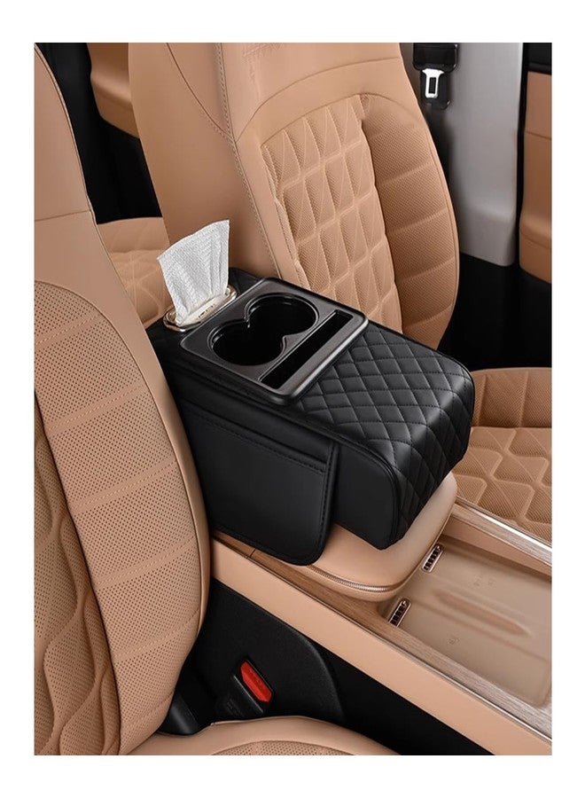 HZEL Car Center Console Cover, Leather Vehicle Armrest Cushion with Storage Bags, Cup Holder ＆ Tissue Box, Waterproof Auto Interior Arm Rest Seat Box Pad, Universal Fit (Black) - Image 1