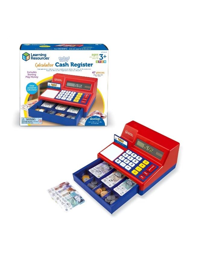 ليرننج ريسورسز موارد تعليمية - آلة حاسبة تظاهرية للعب، ماكينة تسجيل المدفوعات النقدية، عملة المملكة المتحدة، صندوق نقود مع نقود وبطاقة ائتمان، آلة حاسبة تعمل بالطاقة الشمسية لمهارات الرياضيات والمال المبكرة، للأعمار من 3 سنوات فما فوق - Image 1