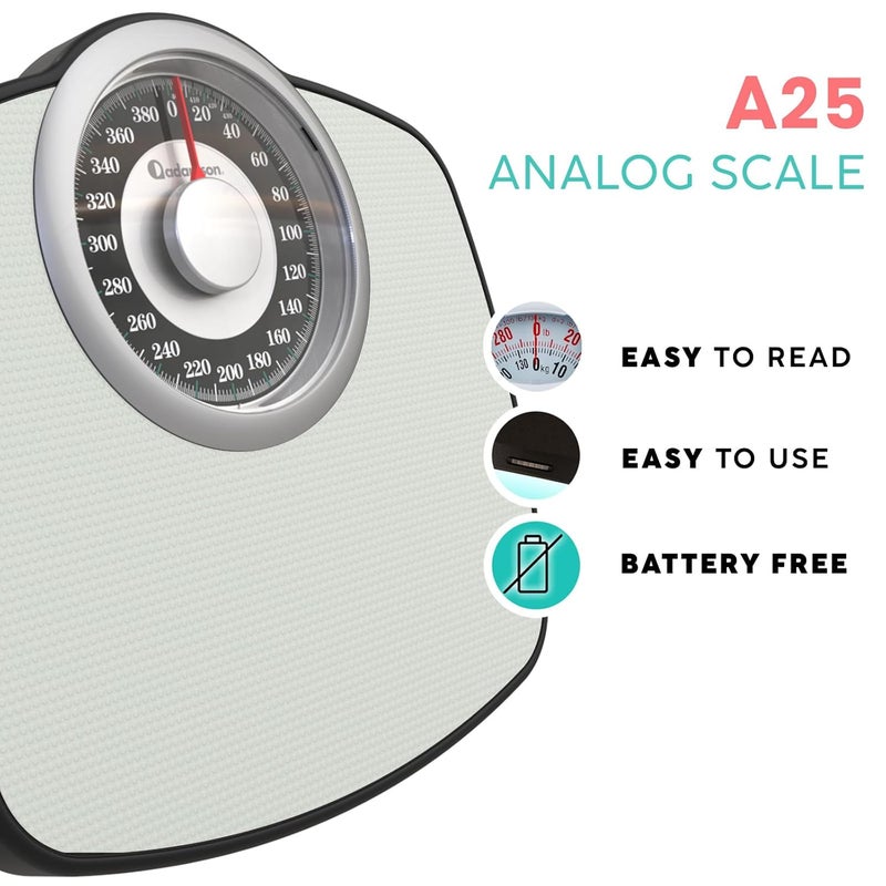 Adamson ميزان A25 لوزن الجسم - حتى 400 رطل - قرص 5.3 بوصة على منصة 13.77 بوصة × 14.17 بوصة - سطح مطاطي مضاد للانزلاق - ميزان حمام تناظري عالي الدقة - متين مع ضمان 20 عامًا - رمادي - Image 2