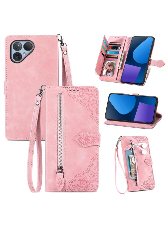 S-TOP Case For Fairphone 5 Embossed Flower Zipper Leather Phone Case - Image 1