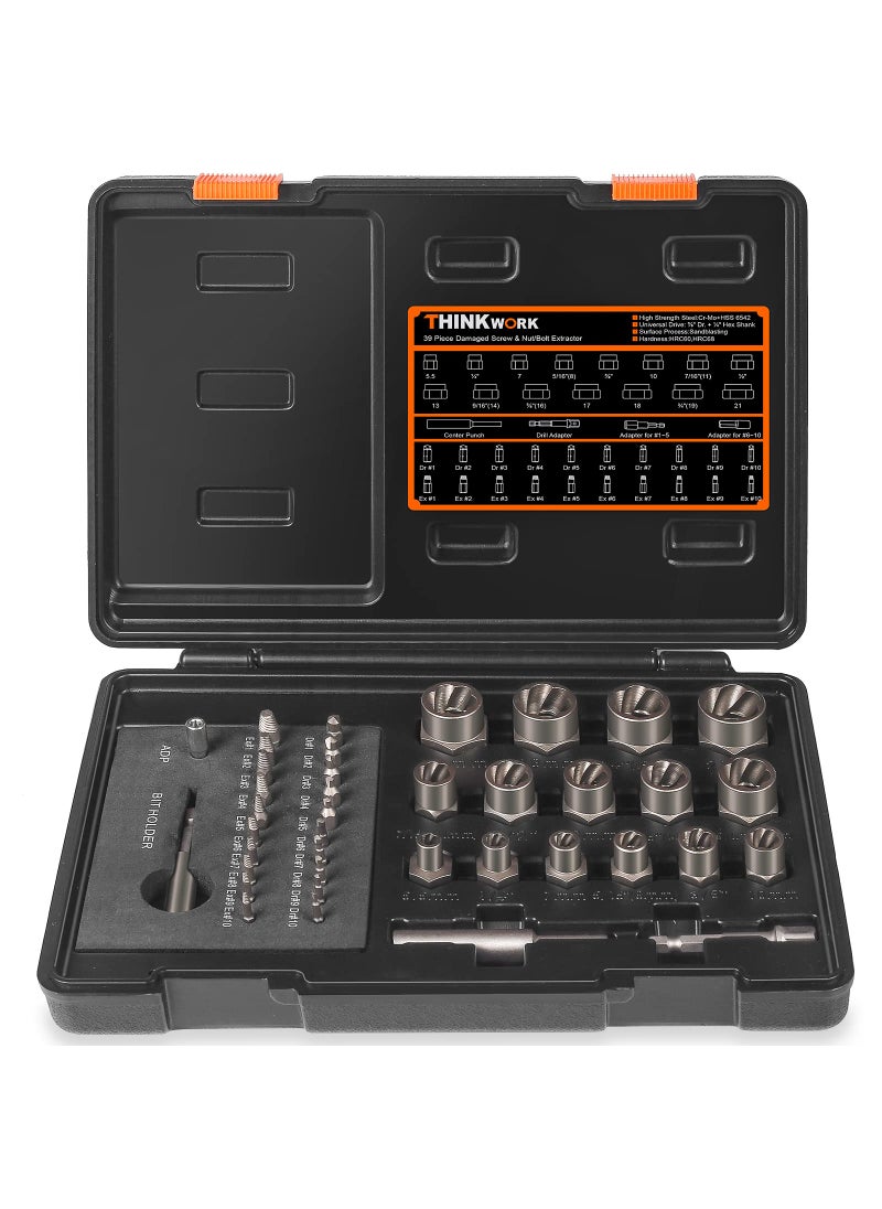 THINKWORK THINKWORK Damaged Screw Extractor Set, 2-21mm, 39-Piece Bolt Extractor Kit, Easy Out Bolt Extractor Set, Impact Bolt & Nut Remover Set for Damaged, Frozen, Rusted, Rounded-Off Bolts, Nuts & Screws  - Image 1