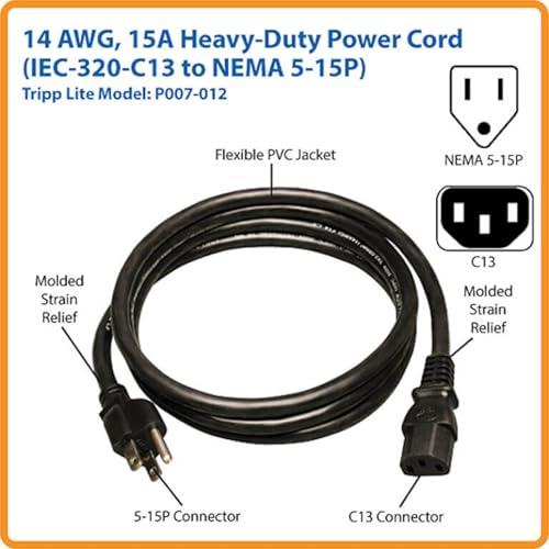 Tripp Lite Eaton Tripp Lite series 15 Amp Standard 12ft Computer Power Cord for PC, Monitor, Laptop & More | UL Listed, Heavy Duty 14 AWG, 5-15P to IEC C13, Replacement 3 Prong AC Power Cable (P007-012) - Image 2