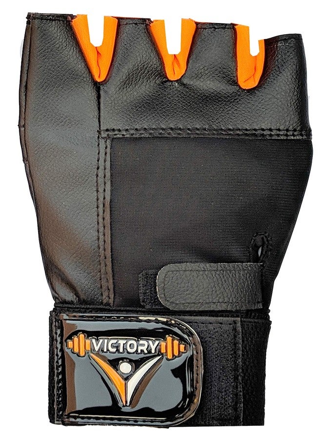 VICTORY Gym Gloves for Men & Women, Leather Weight Lifting Gloves for Gym Workout, Training and Exercise with Pullers, Sport Glove, Fitness Gloves, Hand Gloves - Free Size, Orange - Image 3
